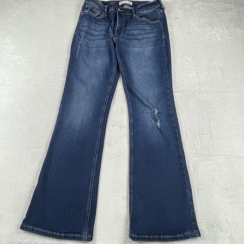 KanCan Women Dark Wash Distressed Flare Jeans Mid Rise Size 12 Streetwear Boho